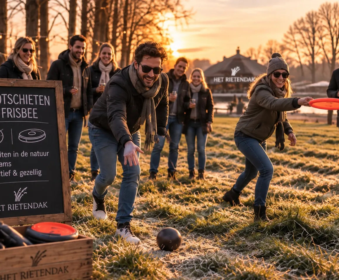 Groep speelt de Kloot & Disc estafette bij Het Rieten Dak, met een kloot en een frisbee in de winterzon